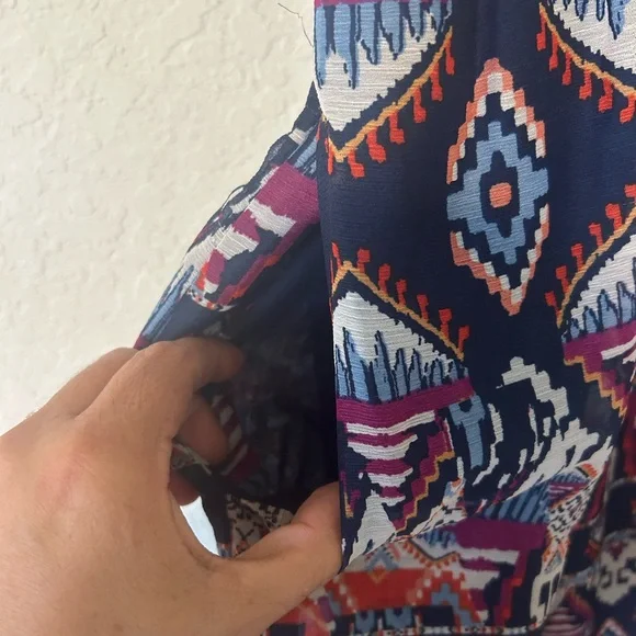 Boho Old Navy Waist-Defined V-Neck Midi Dress Blue Aztec Geometric Print - Picture 5 of 10
